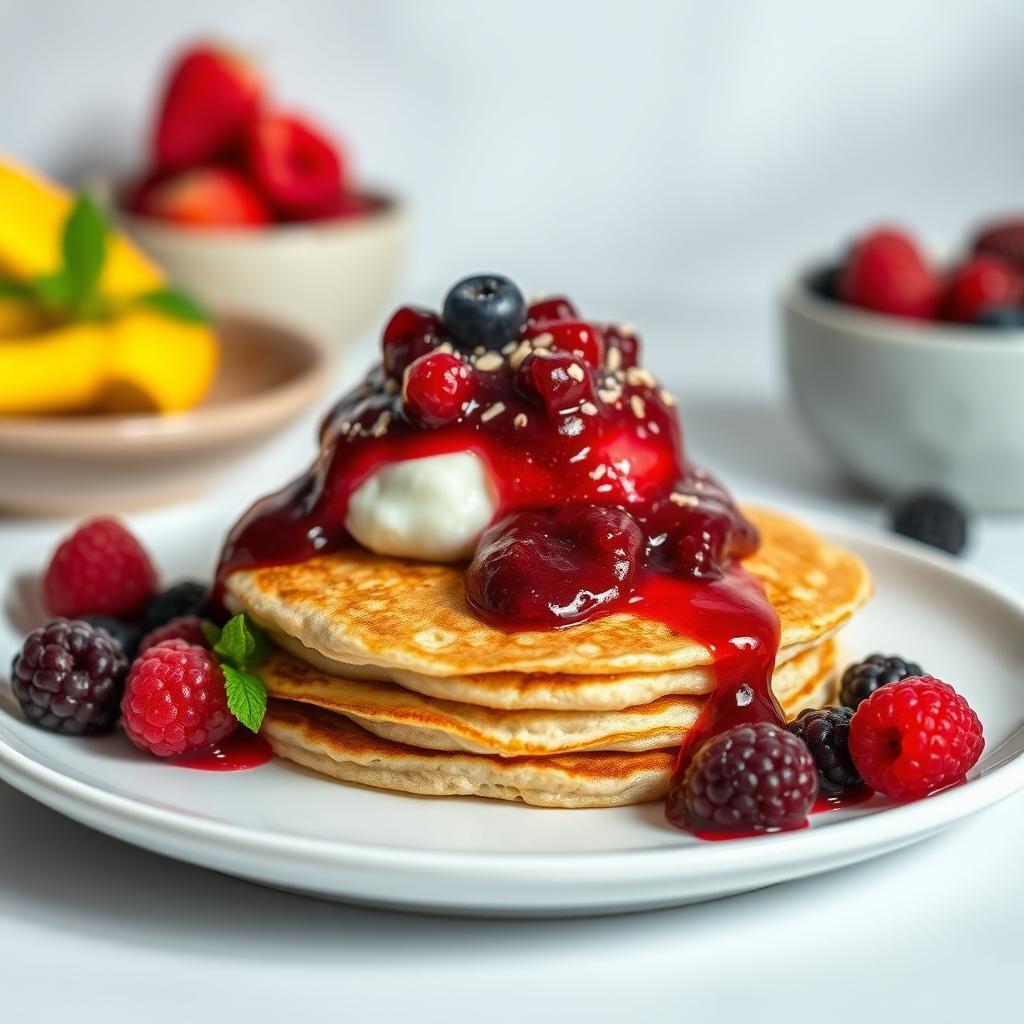 Overnight Cottage Cheese Pancakes with Berry Compote Overnight Cottage Cheese Pancakes with Berry Compote