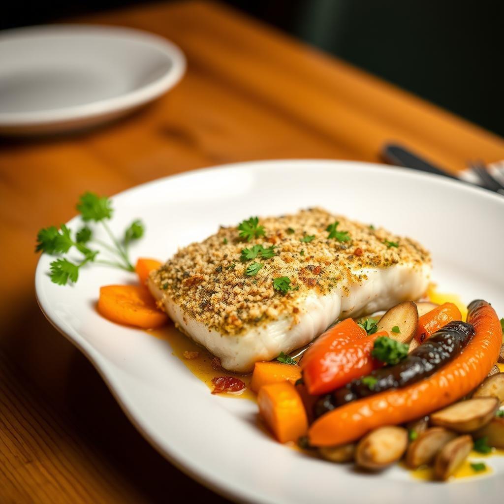 Herb-Crusted Baked Cod with Roasted Vegetables Herb-Crusted Baked Cod with Roasted Vegetables