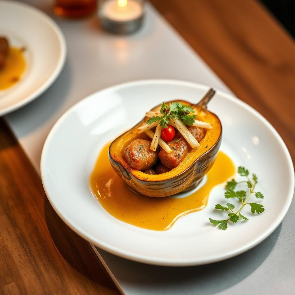 Fennel and Sausage Stuffed Acorn Squash with Apple Cider Reduction and Herb Salad