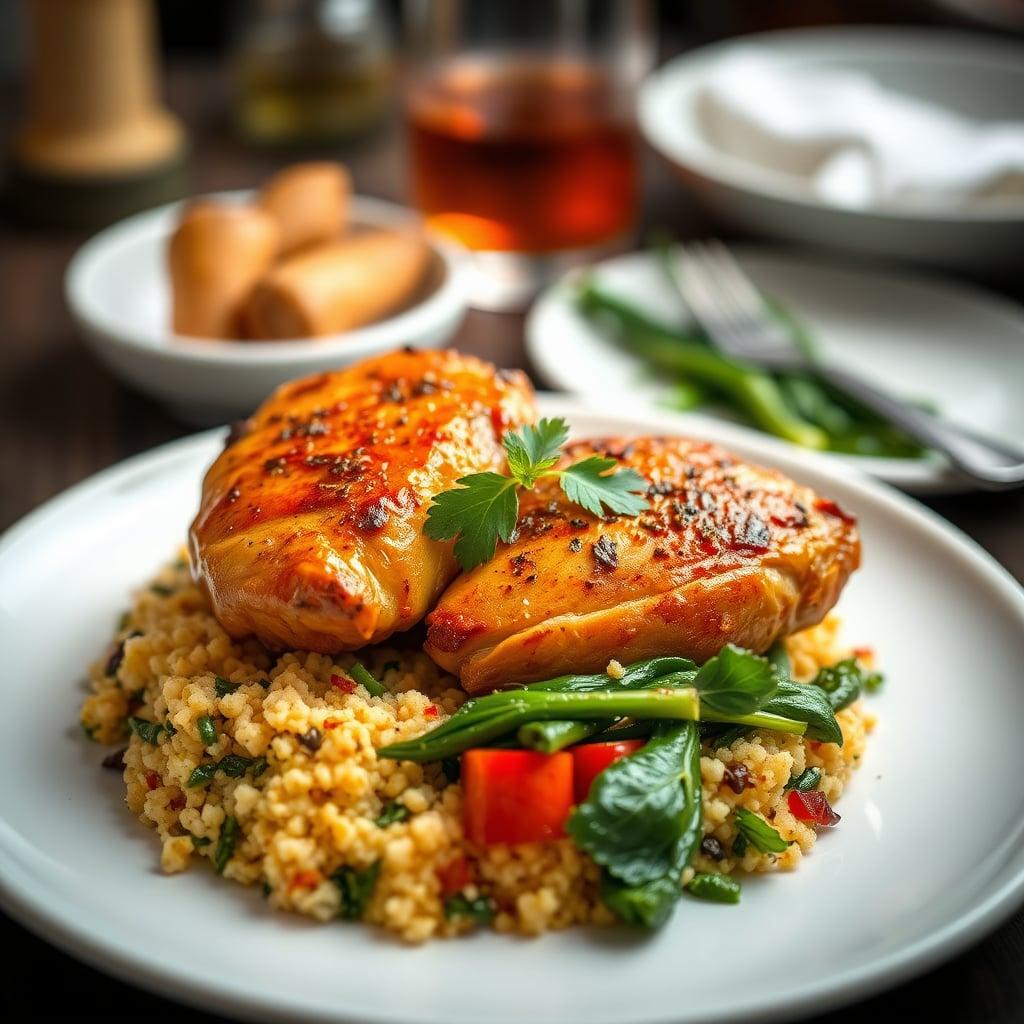 Smoky Paprika Chicken Thighs with Roasted Pepper Couscous and Lemon-Garlic Greens