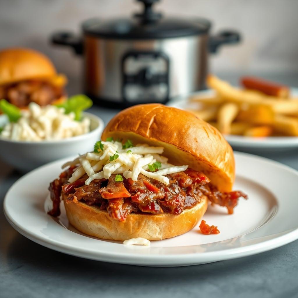 Crockpot BBQ Pulled Pork Sandwiches with Creamy Coleslaw Crockpot BBQ Pulled Pork Sandwiches with Creamy Coleslaw