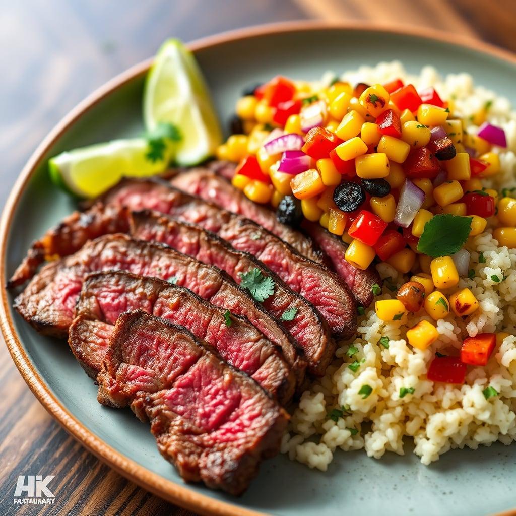 Chipotle-Lime Marinated Flank Steak with Charred Corn Salsa and Cilantro-Lime Rice