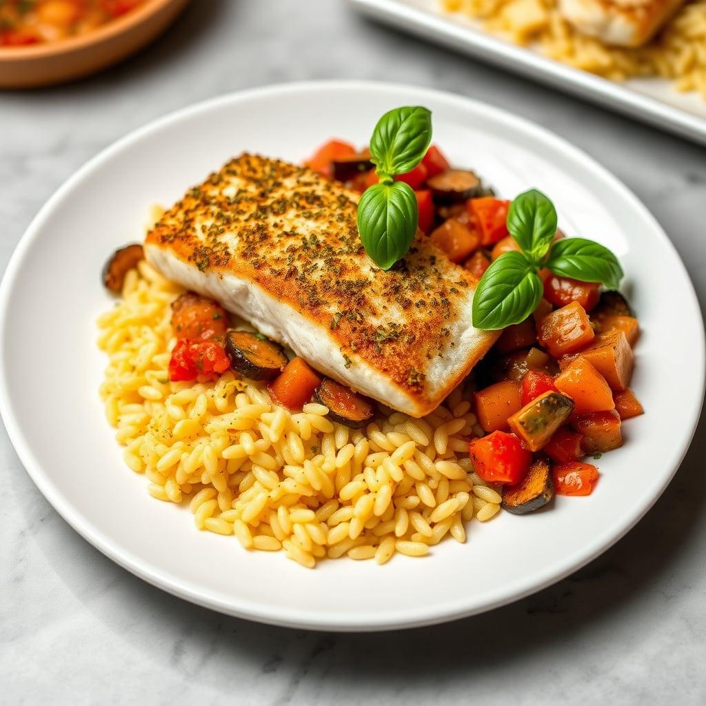 Sicilian-Style Eggplant Caponata with Herb-Crusted Fish and Lemon Orzo Sicilian-Style Eggplant Caponata with Herb-Crusted Fish and Lemon Orzo