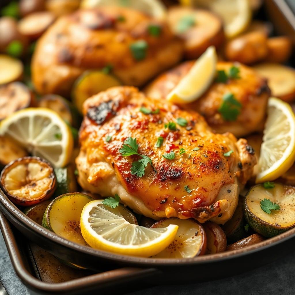 Sheet Pan Lemon-Herb Chicken Thighs with Fingerling Potatoes and Zucchini Sheet Pan Lemon-Herb Chicken Thighs with Fingerling Potatoes and Zucchini