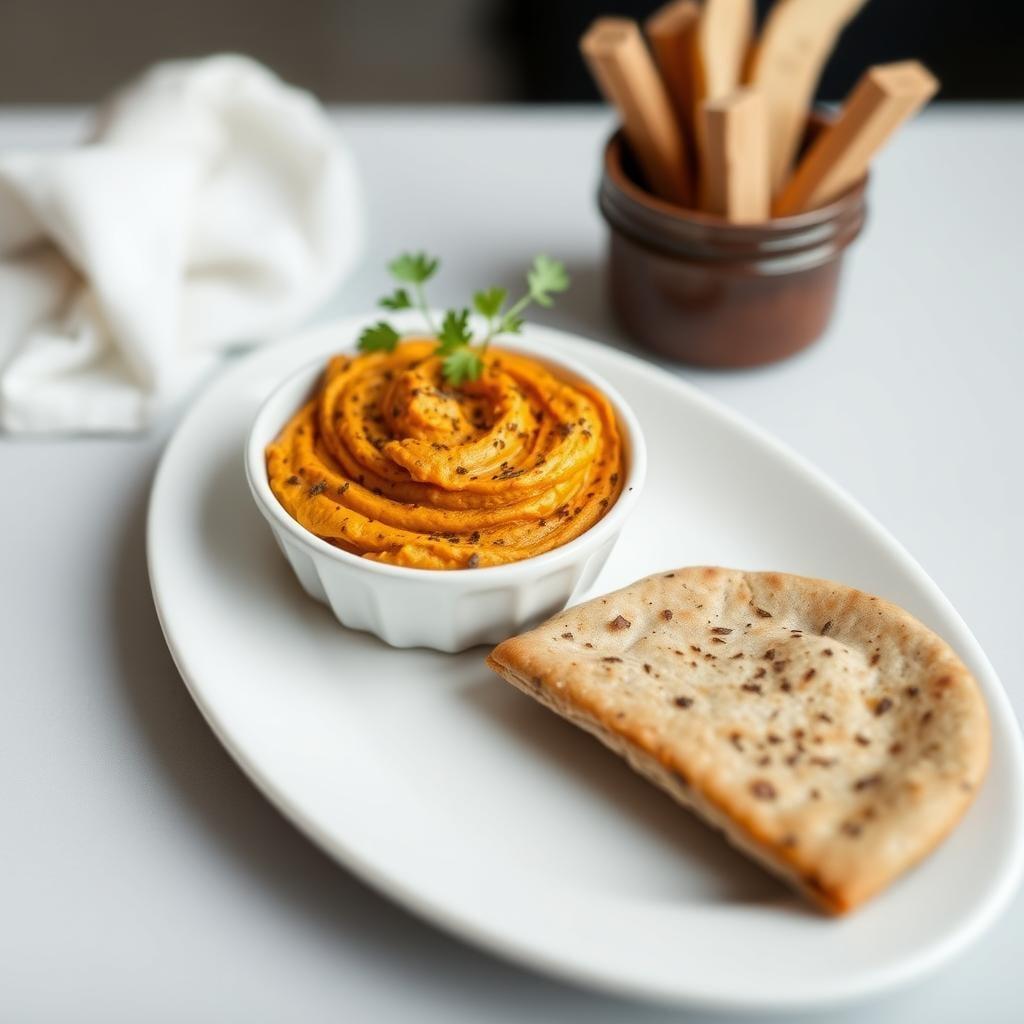 Za'atar Roasted Carrot Hummus with Whole Grain Pita Za'atar Roasted Carrot Hummus with Whole Grain Pita