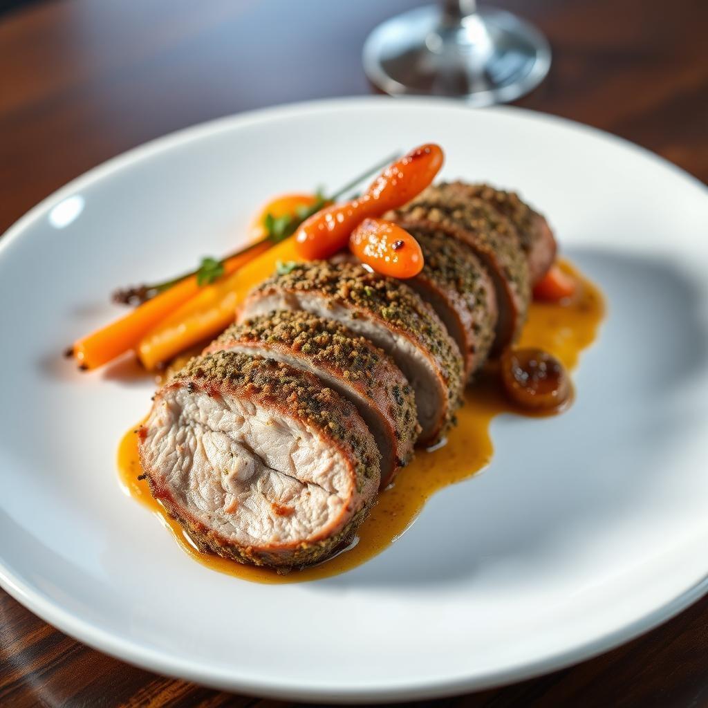 Herb-Crusted Pork Tenderloin with Caramelized Vegetables Herb-Crusted Pork Tenderloin with Caramelized Vegetables