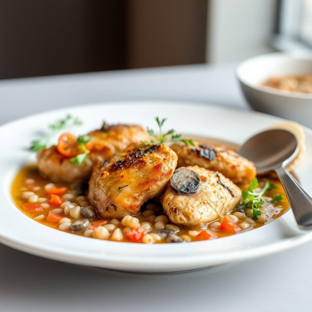 Hearty Barley & Mushroom Soup with Herb-Roasted Chicken Thighs Hearty Barley & Mushroom Soup with Herb-Roasted Chicken Thighs