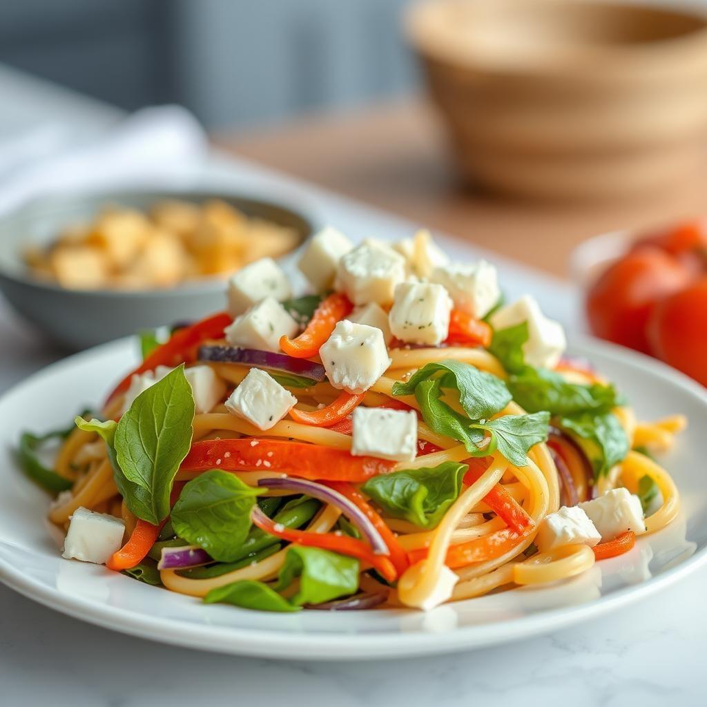 Rainbow Veggie Pasta Salad with Cheese Cubes Rainbow Veggie Pasta Salad with Cheese Cubes