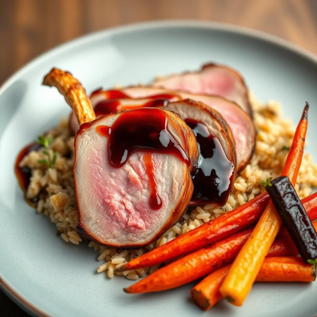 Pan-Seared Duck Breast with Cherry-Port Reduction, Wild Rice Pilaf and Honey-Glazed Rainbow Carrots Pan-Seared Duck Breast with Cherry-Port Reduction, Wild Rice Pilaf and Honey-Glazed Rainbow Carrots
