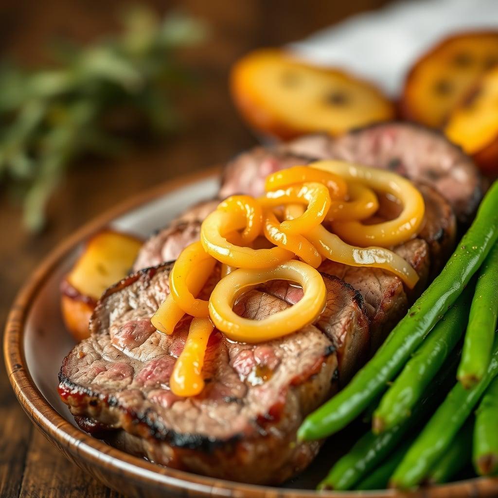 Pan-Seared Sirloin with Caramelized Yellow Onions, Roasted Potatoes, and Green Beans Pan-Seared Sirloin with Caramelized Yellow Onions, Roasted Potatoes, and Green Beans