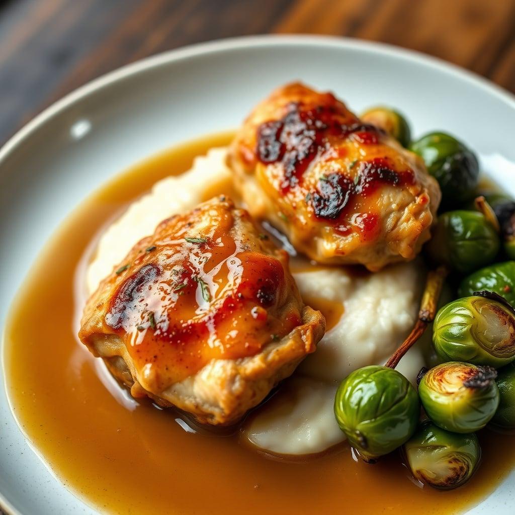 Apple-Cider Braised Chicken Thighs with Creamy Parsnip Mash and Roasted Brussels Sprouts Apple-Cider Braised Chicken Thighs with Creamy Parsnip Mash and Roasted Brussels Sprouts