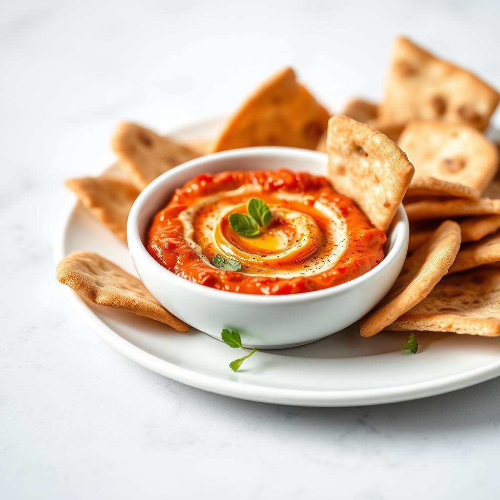 Roasted Red Pepper and Walnut Dip with Pita Chips Roasted Red Pepper and Walnut Dip with Pita Chips