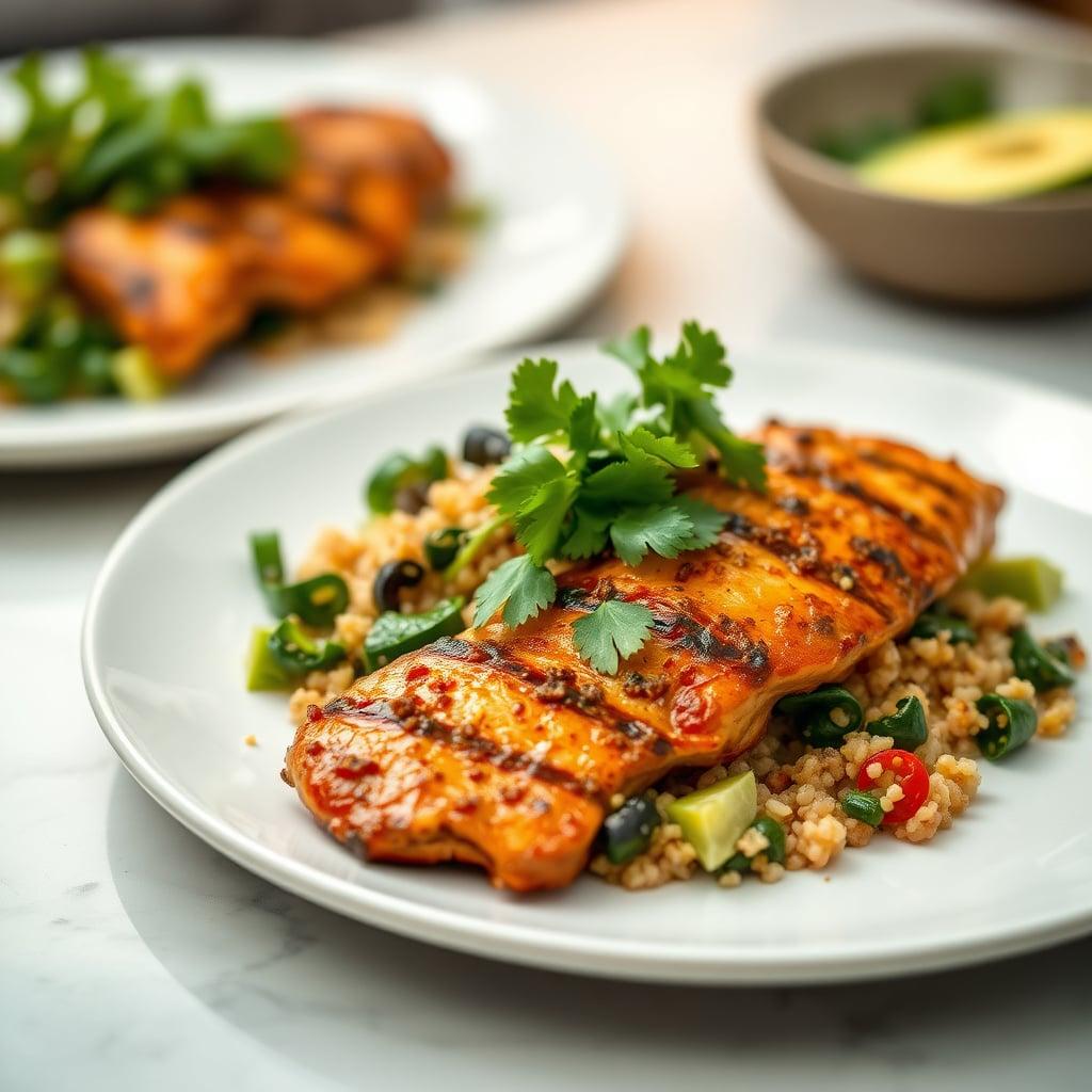 Southwest Chipotle Chicken with Lime-Cilantro Quinoa and Avocado Greens Salad Southwest Chipotle Chicken with Lime-Cilantro Quinoa and Avocado Greens Salad