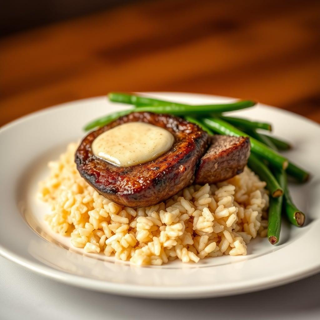 Buttery Pan-Seared Sirloin with Rice and Green Beans