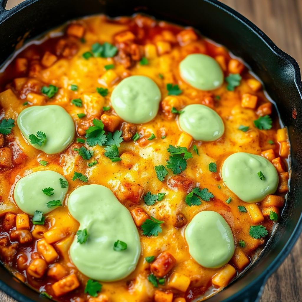 Cheesy Beef Enchilada Skillet with Charred Corn and Avocado Crema Cheesy Beef Enchilada Skillet with Charred Corn and Avocado Crema