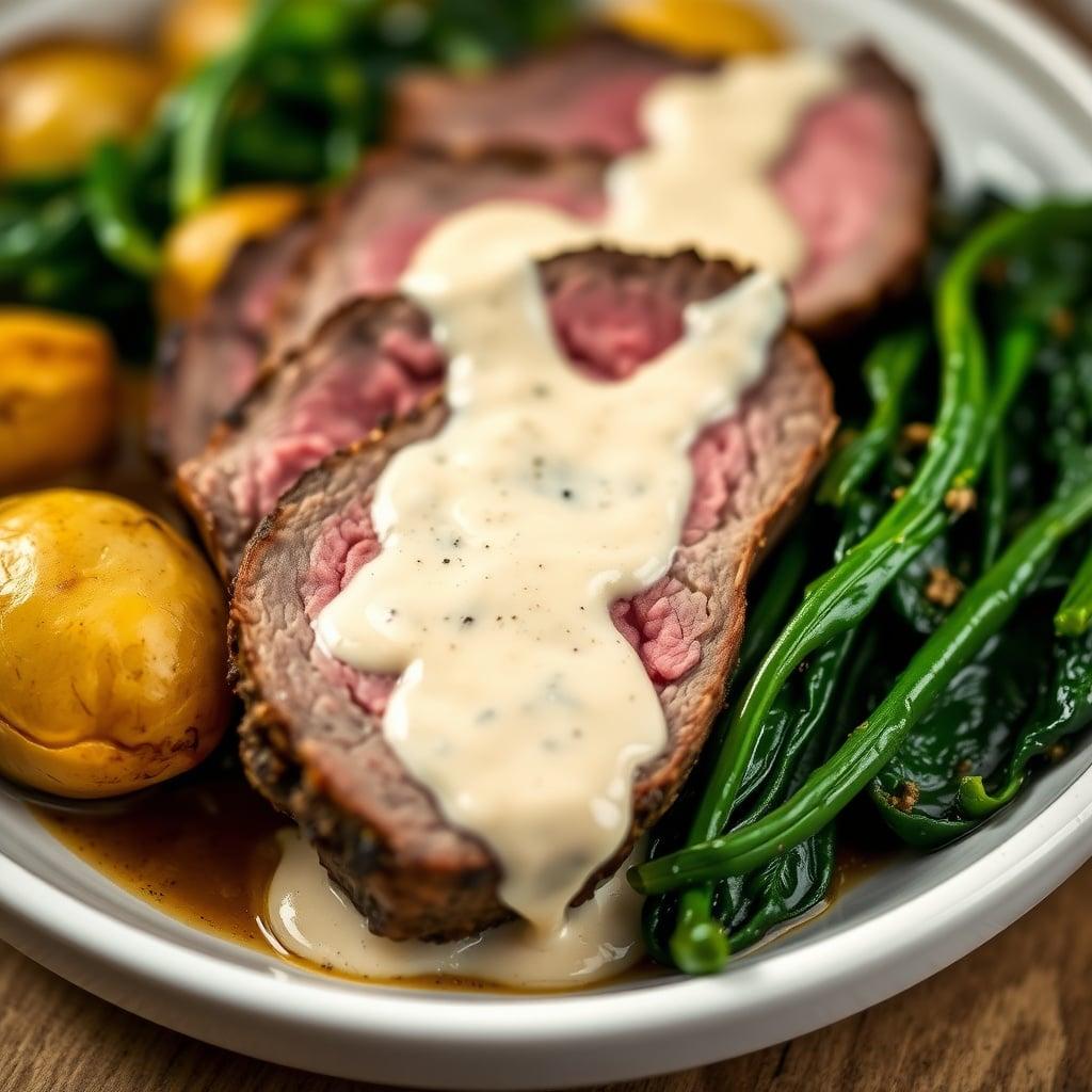 Peppercorn-Crusted Sirloin Tip Roast with Cognac Cream Sauce, Roasted Fingerlings, and Garlic Spinach Peppercorn-Crusted Sirloin Tip Roast with Cognac Cream Sauce, Roasted Fingerlings, and Garlic Spinach