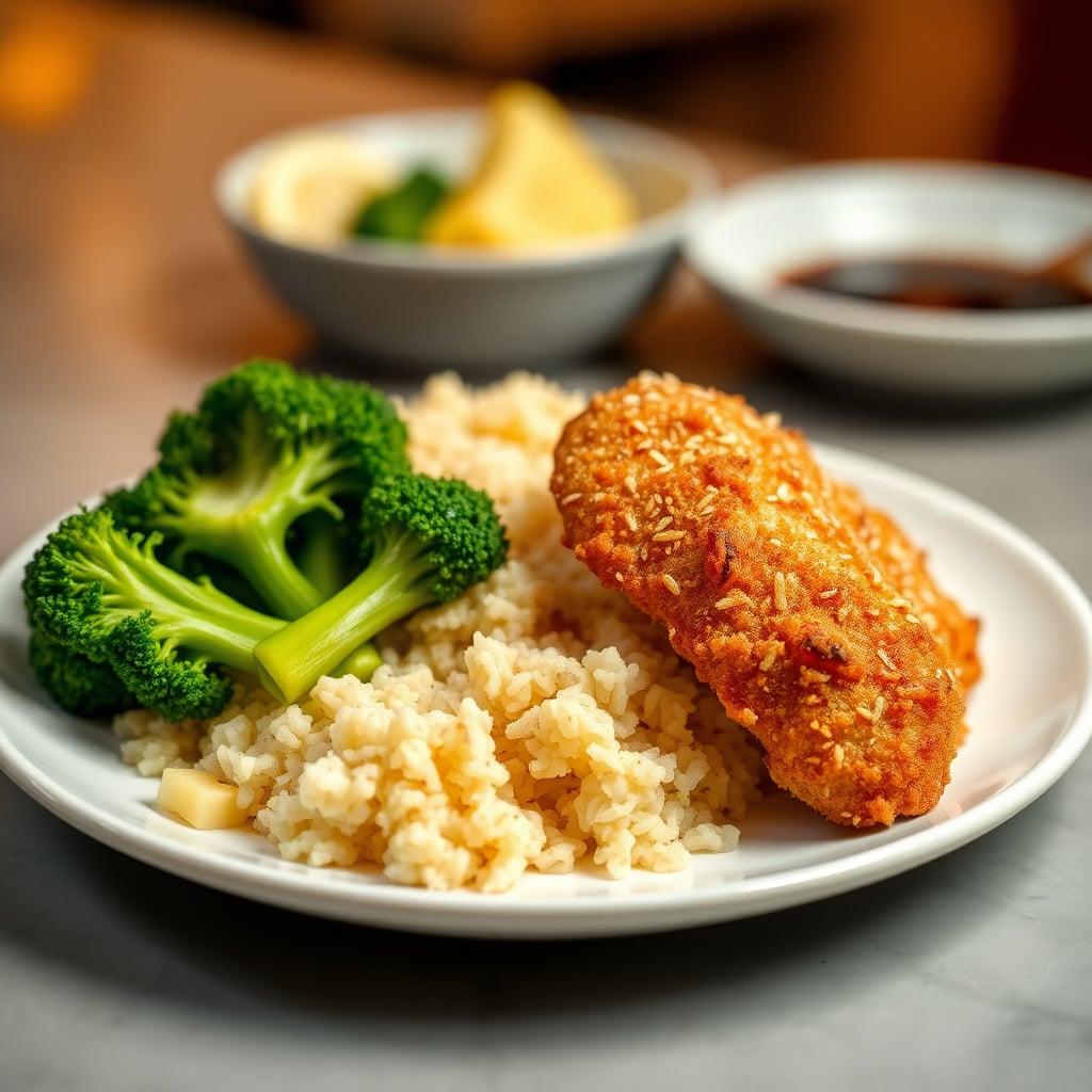 Crispy Coconut Crusted Chicken Strips with Pineapple Rice and Steamed Broccoli Crispy Coconut Crusted Chicken Strips with Pineapple Rice and Steamed Broccoli