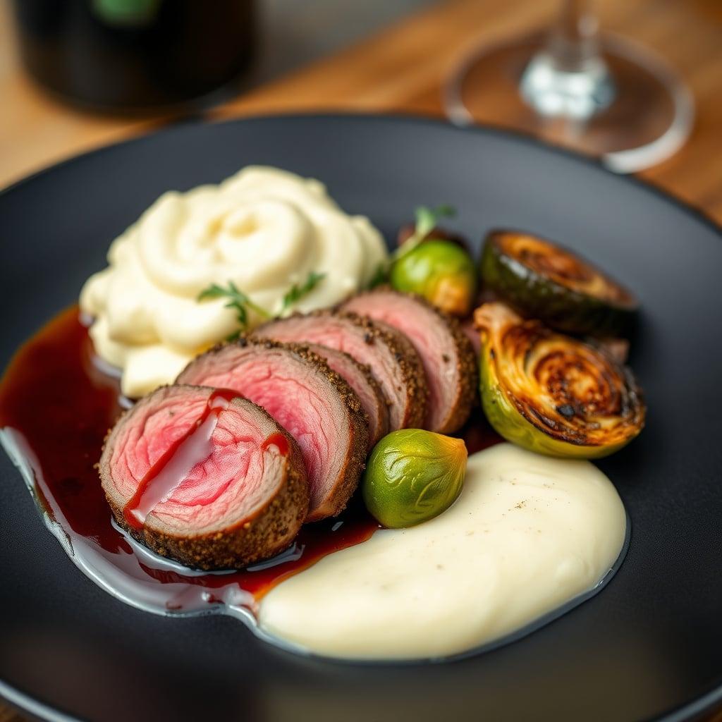 Herb-Crusted Beef Tenderloin with Red Wine Demi-Glace, Truffle Mashed Potatoes and Balsamic-Glazed Brussels Sprouts Herb-Crusted Beef Tenderloin with Red Wine Demi-Glace, Truffle Mashed Potatoes and Balsamic-Glazed Brussels Sprouts