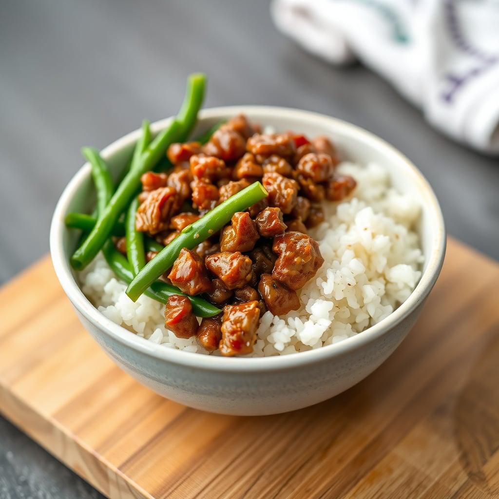 Quick Hoisin Ground Pork with White Rice and Green Beans Quick Hoisin Ground Pork with White Rice and Green Beans
