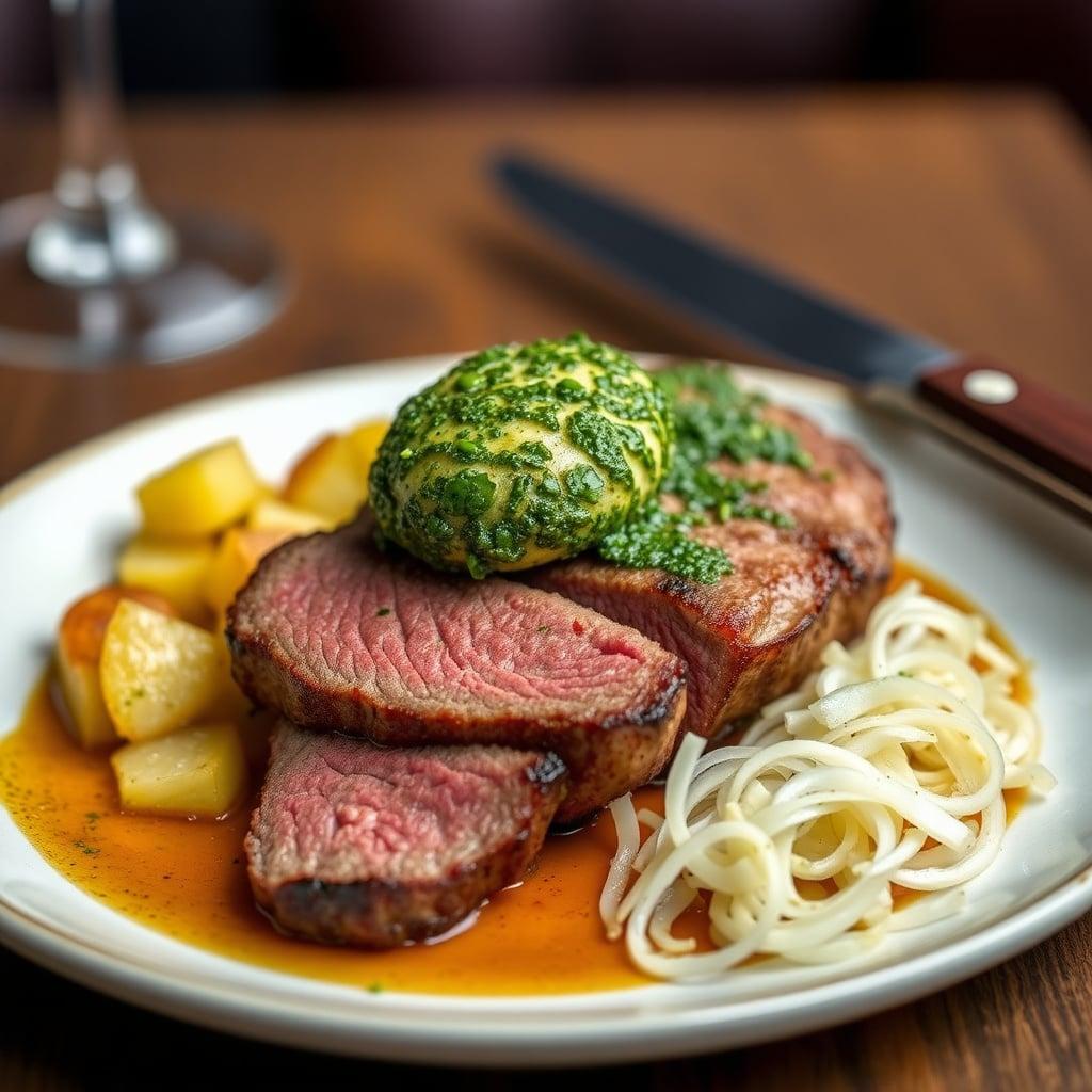 Bistro-Style Pan-Roasted Hanger Steak with Chimichurri Compound Butter, Crispy Fingerling Potatoes, and Shaved Fennel Salad