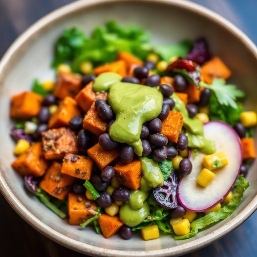 Southwest Roasted Yam & Black Bean Salad with Avocado-Lime Emulsion Southwest Roasted Yam & Black Bean Salad with Avocado-Lime Emulsion