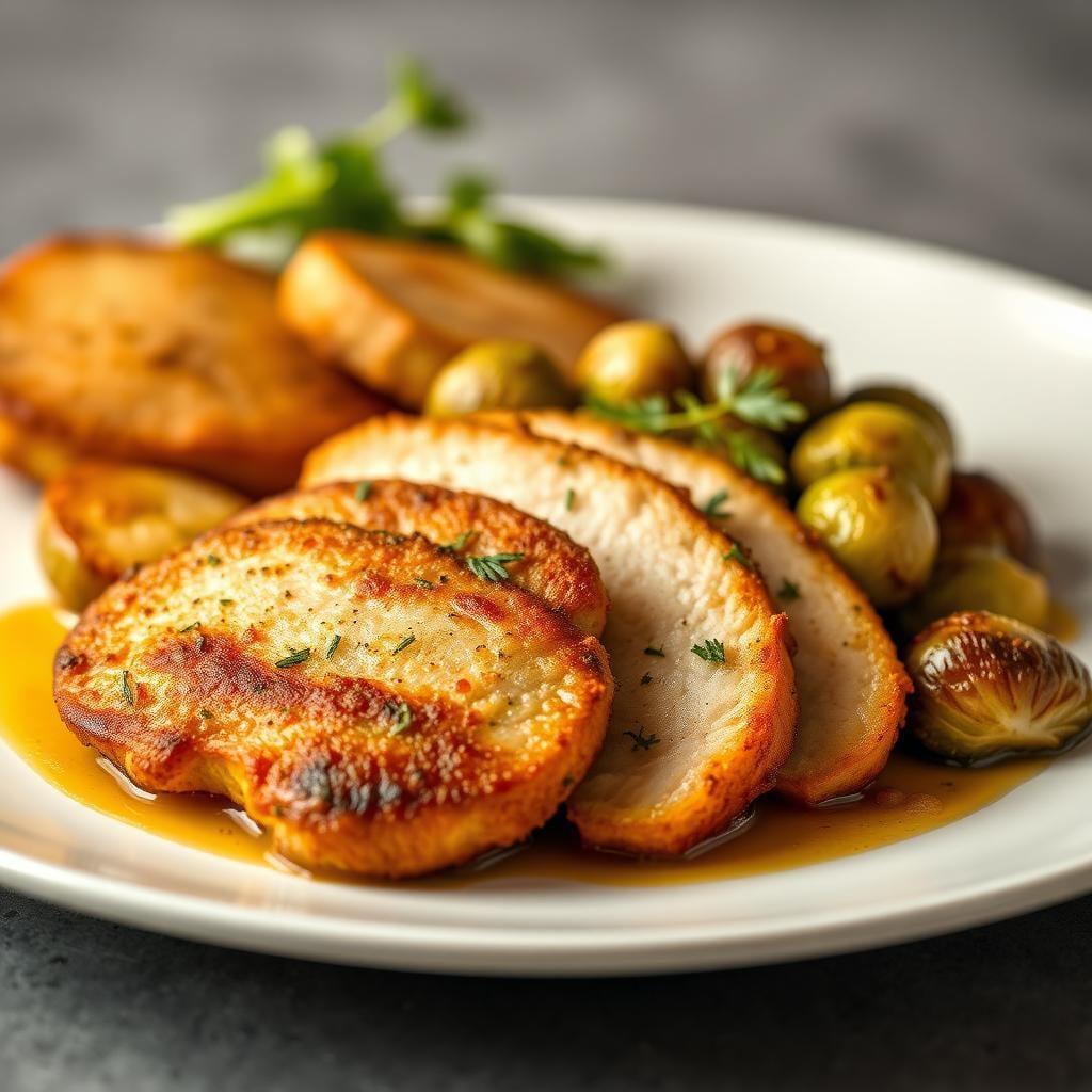 Air-Fried Dijon Herb Turkey Cutlets with Roasted Brussels Sprouts