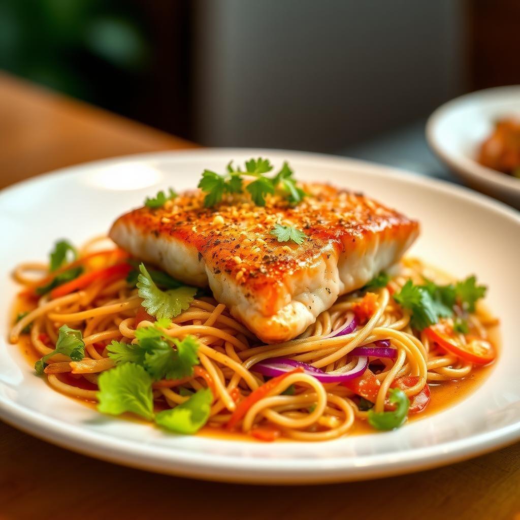 Vietnamese-Style Lemongrass Salmon with Crispy Rice Noodle Salad Vietnamese-Style Lemongrass Salmon with Crispy Rice Noodle Salad