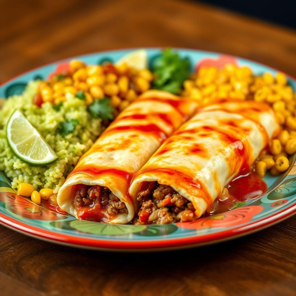 Chipotle-Lime Ground Beef Enchiladas with Roasted Corn Salsa and Cilantro Rice