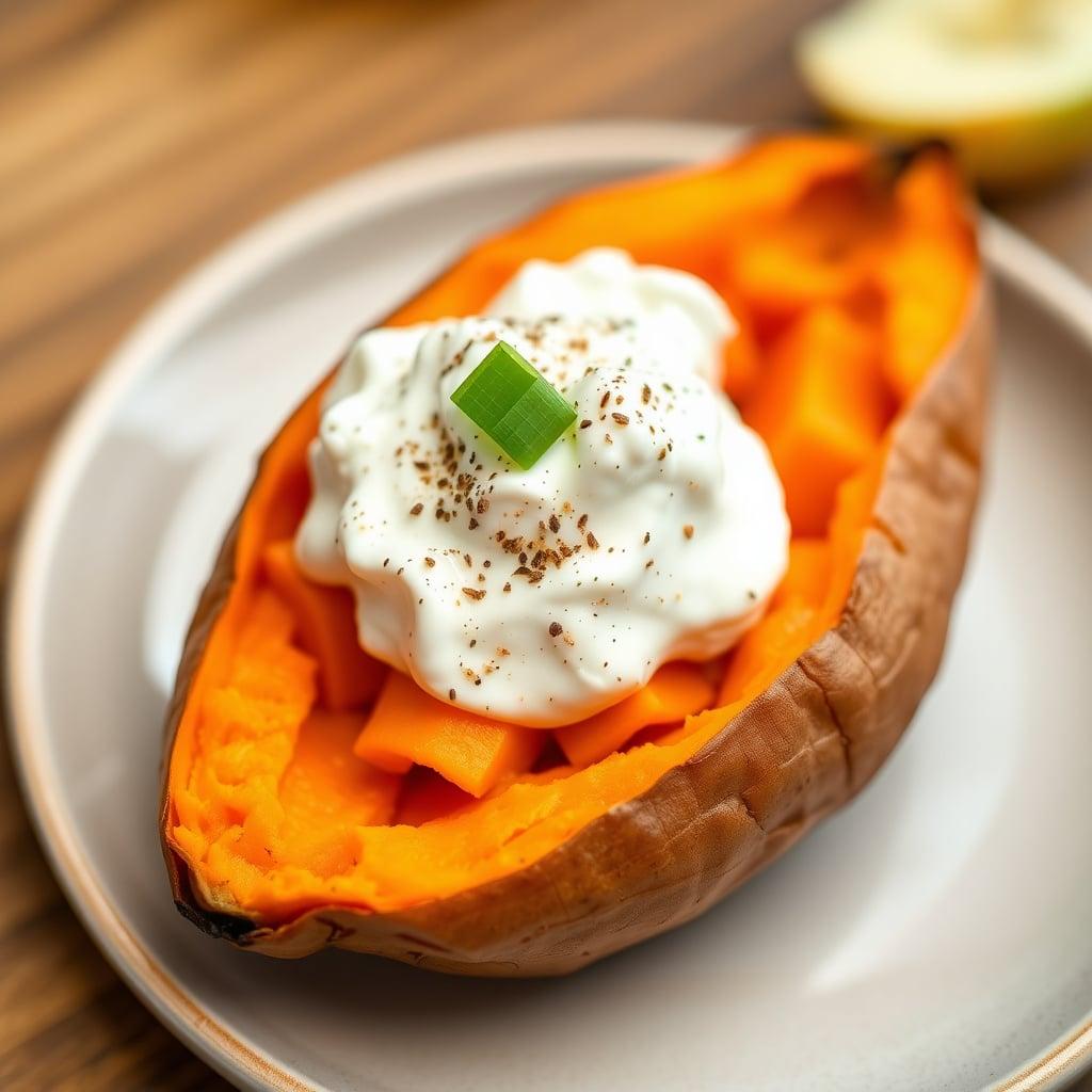 Microwaved Sweet Potato with Cottage Cheese Microwaved Sweet Potato with Cottage Cheese