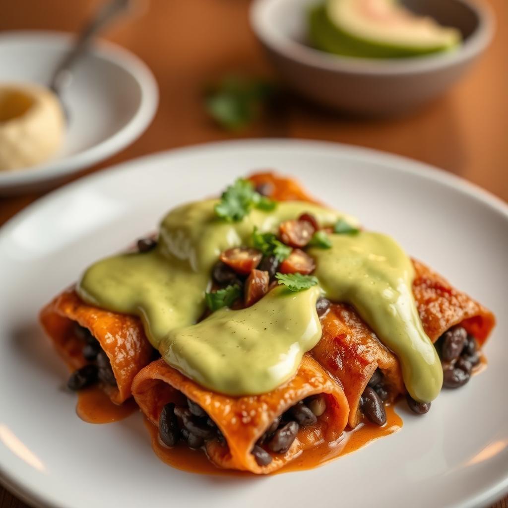 Smoky Black Bean & Sweet Potato Enchiladas with Avocado Lime Sauce Smoky Black Bean & Sweet Potato Enchiladas with Avocado Lime Sauce