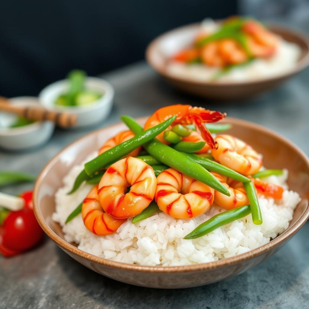 Sweet Chili Shrimp and Snow Pea White Rice Bowls Sweet Chili Shrimp and Snow Pea White Rice Bowls