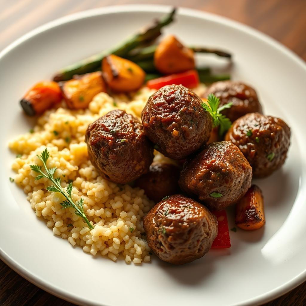 Moroccan Spiced Lamb Meatballs with Herbed Couscous and Roasted Vegetables Moroccan Spiced Lamb Meatballs with Herbed Couscous and Roasted Vegetables