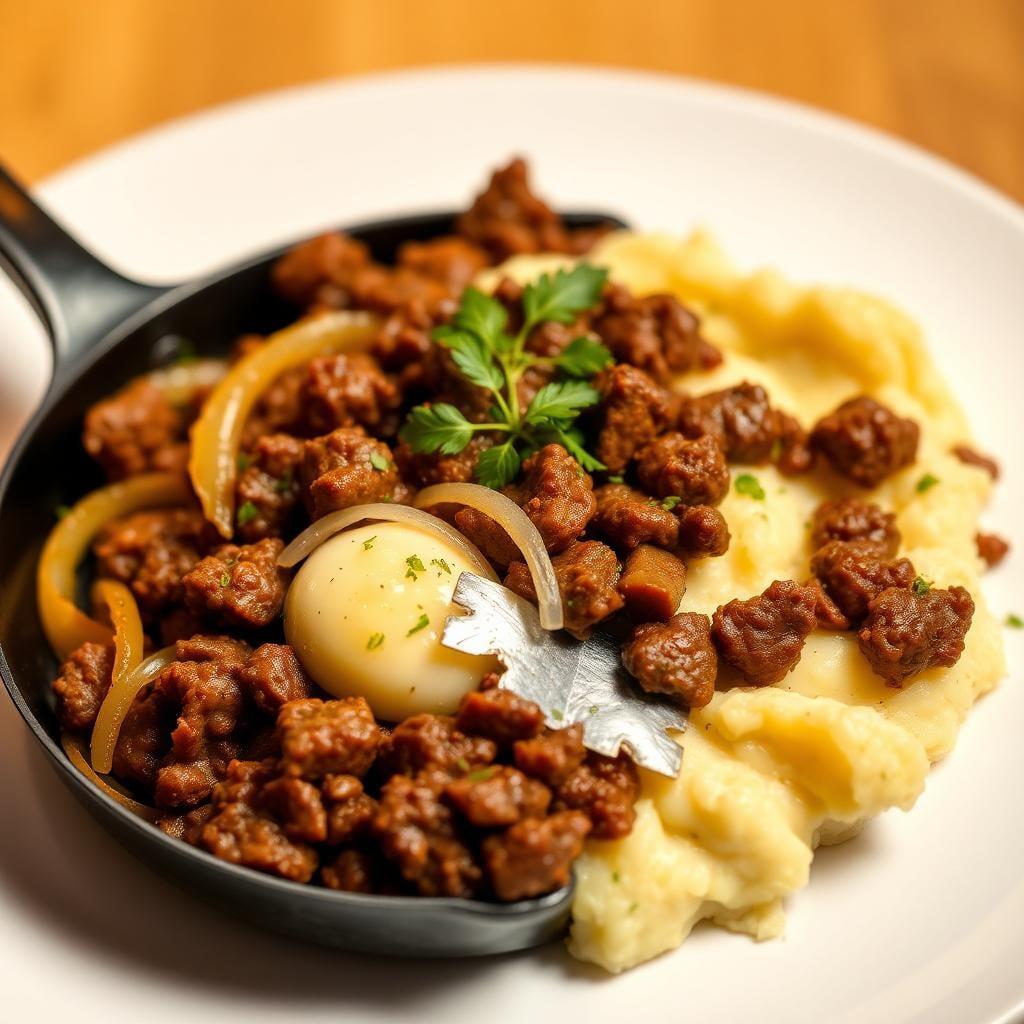 Savory Ground Beef Skillet with Garlic Mashed Potatoes Savory Ground Beef Skillet with Garlic Mashed Potatoes