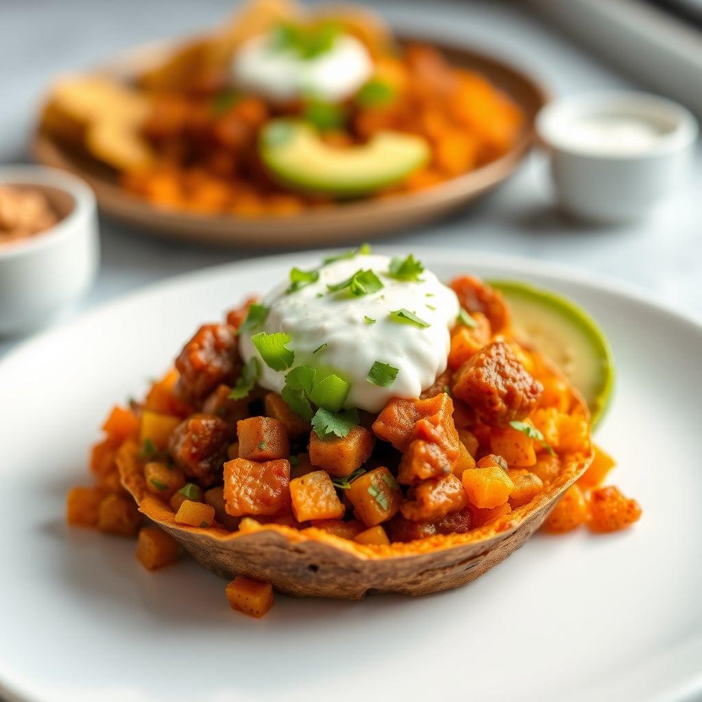 Mexican Chorizo and Sweet Potato Breakfast Hash with Avocado Crema Mexican Chorizo and Sweet Potato Breakfast Hash with Avocado Crema
