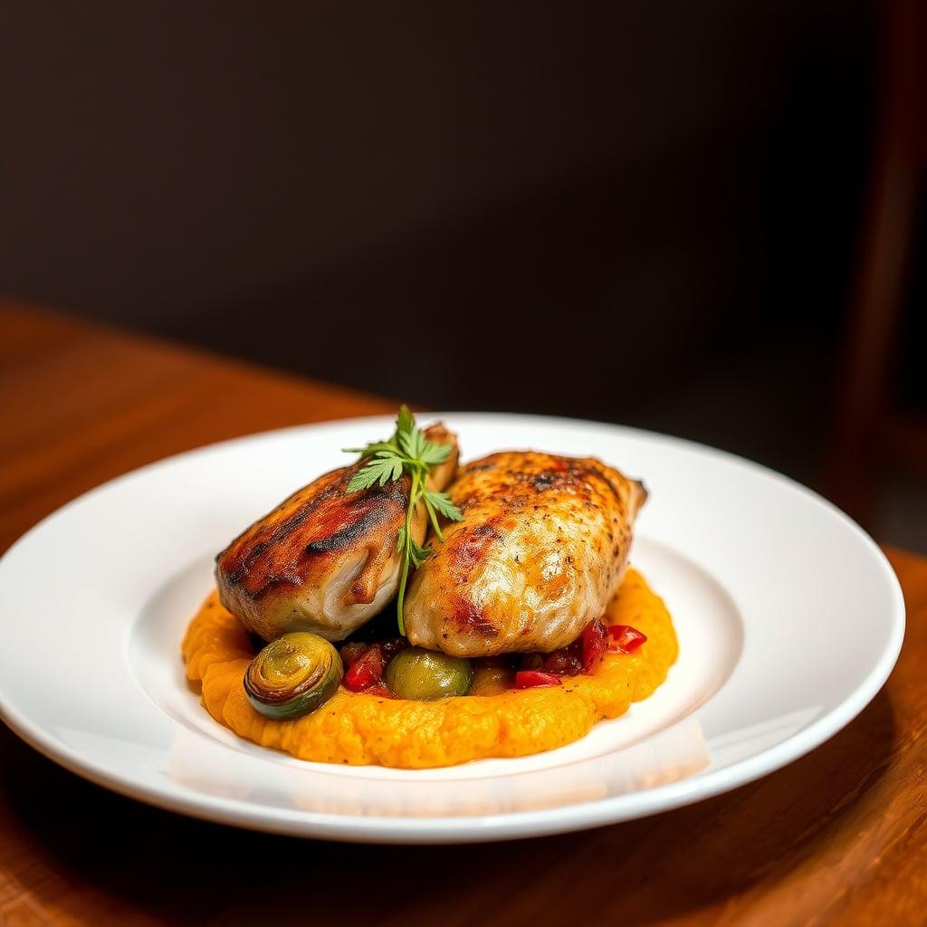 Oven-Roasted Chicken Thighs with Sweet Potato Mash & Glazed Brussels Sprouts Oven-Roasted Chicken Thighs with Sweet Potato Mash & Glazed Brussels Sprouts