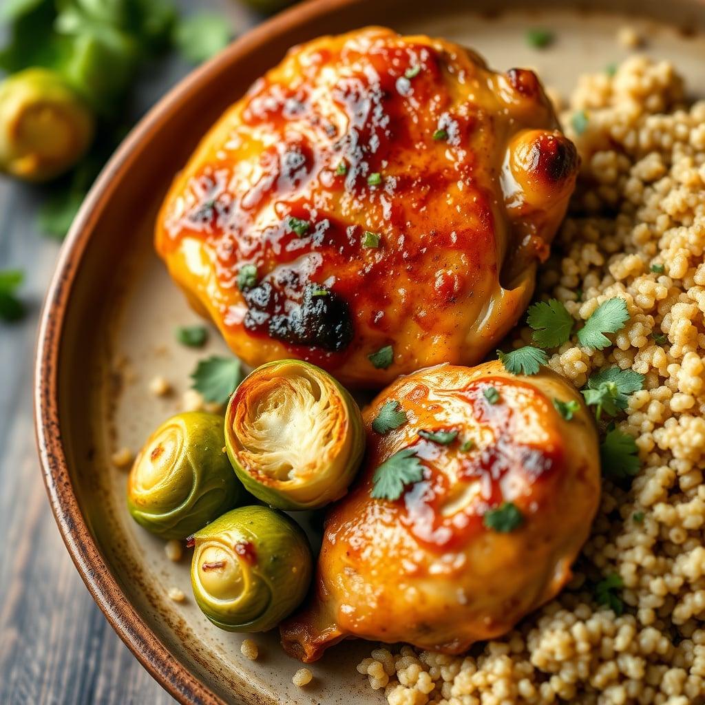Honey Mustard Chicken Thighs with Roasted Brussels Sprouts and Quinoa Honey Mustard Chicken Thighs with Roasted Brussels Sprouts and Quinoa