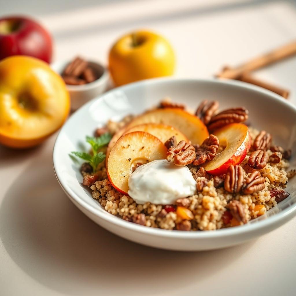 Spiced Quinoa Breakfast Bowl with Maple-Cinnamon Apples and Toasted Pecans Spiced Quinoa Breakfast Bowl with Maple-Cinnamon Apples and Toasted Pecans