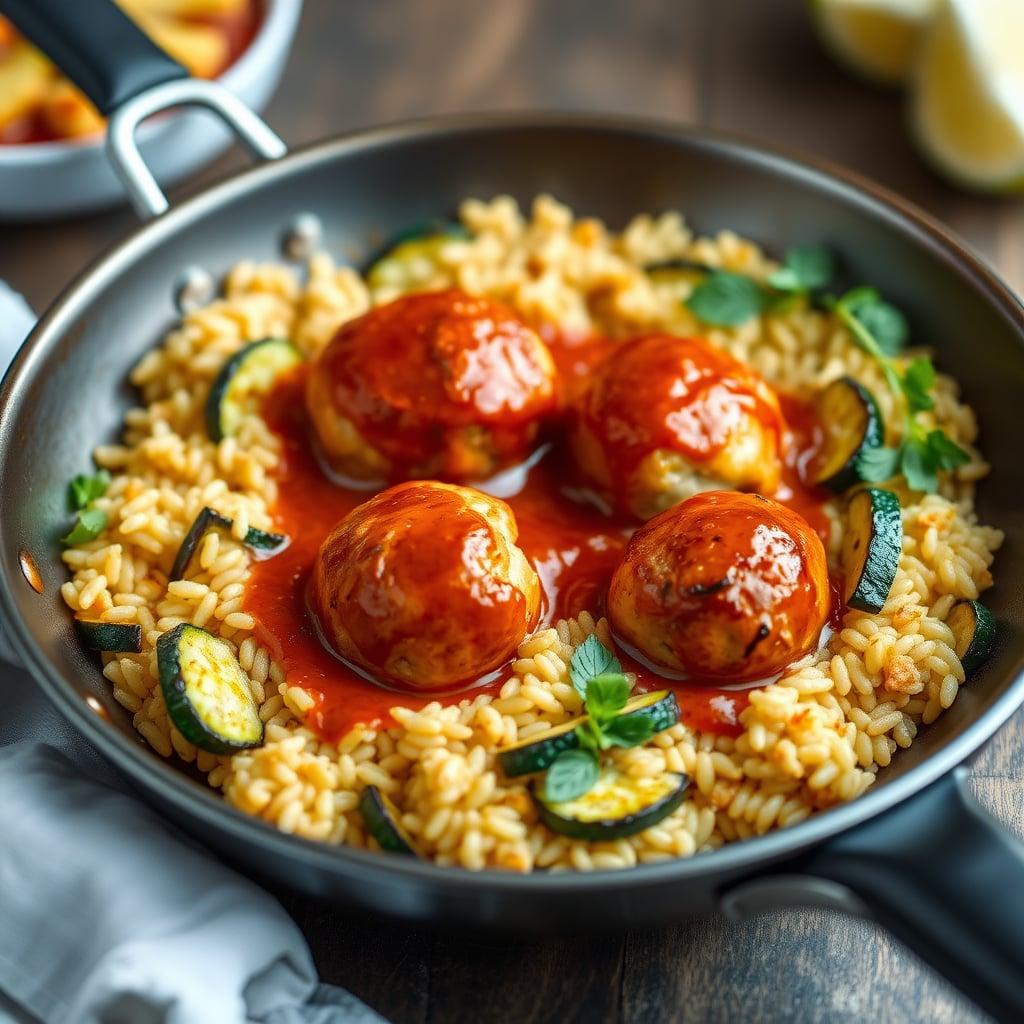 One-Pan Harissa-Glazed Chicken Meatballs with Toasted Orzo and Charred Zucchini One-Pan Harissa-Glazed Chicken Meatballs with Toasted Orzo and Charred Zucchini