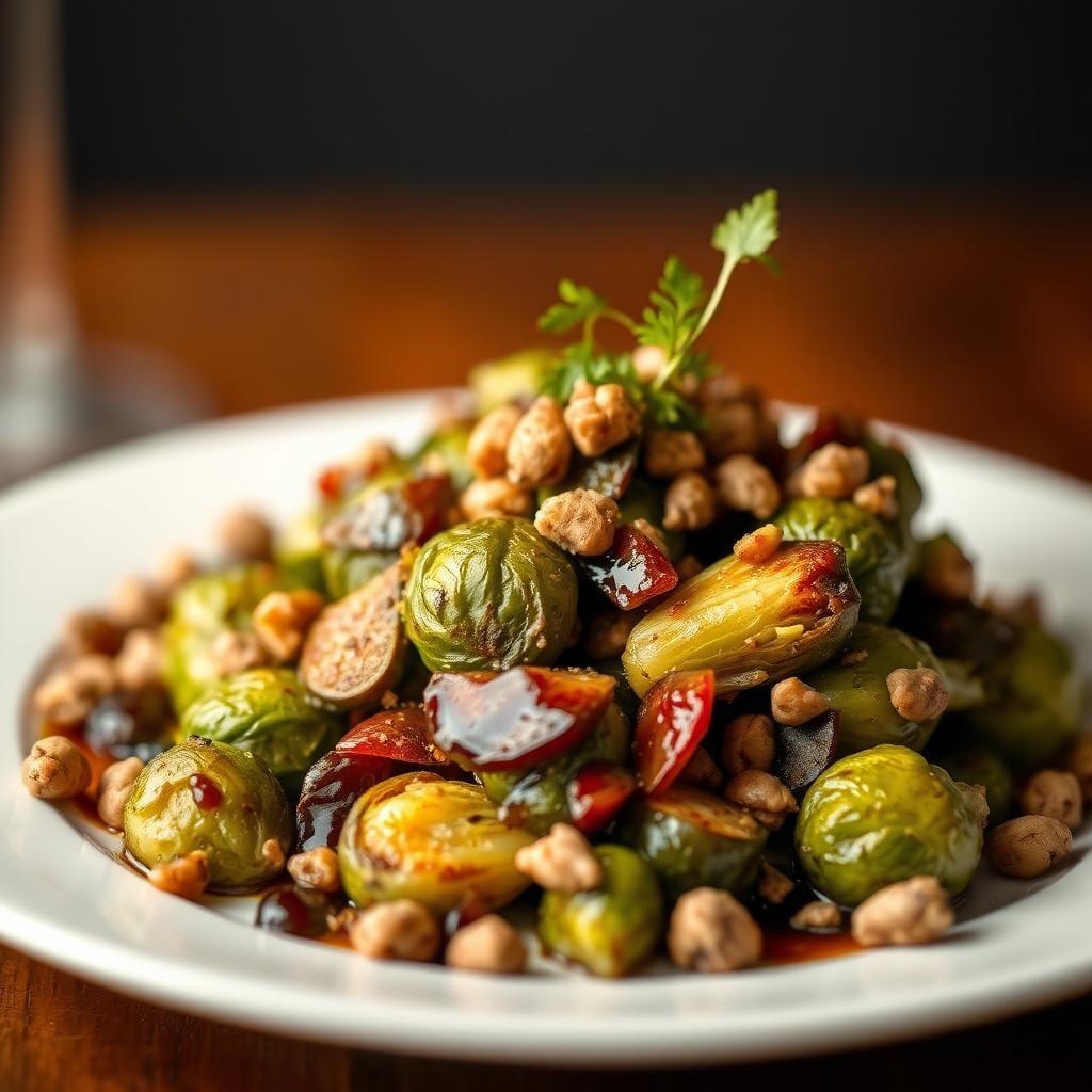 Roasted Brussels Sprouts with Balsamic Fig Reduction and Toasted Hazelnuts Roasted Brussels Sprouts with Balsamic Fig Reduction and Toasted Hazelnuts