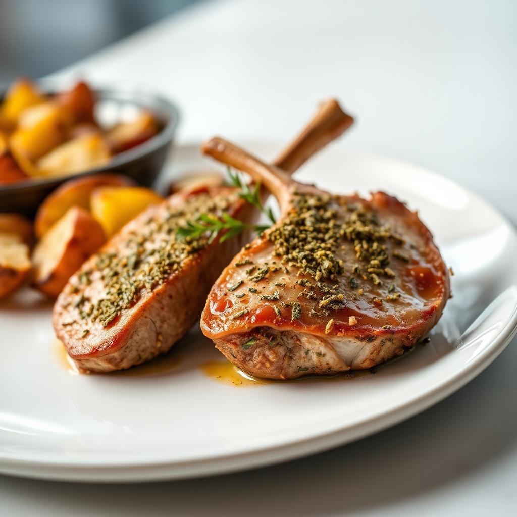 Herb-Crusted Pork Chops with Roasted Garlic Potatoes Herb-Crusted Pork Chops with Roasted Garlic Potatoes