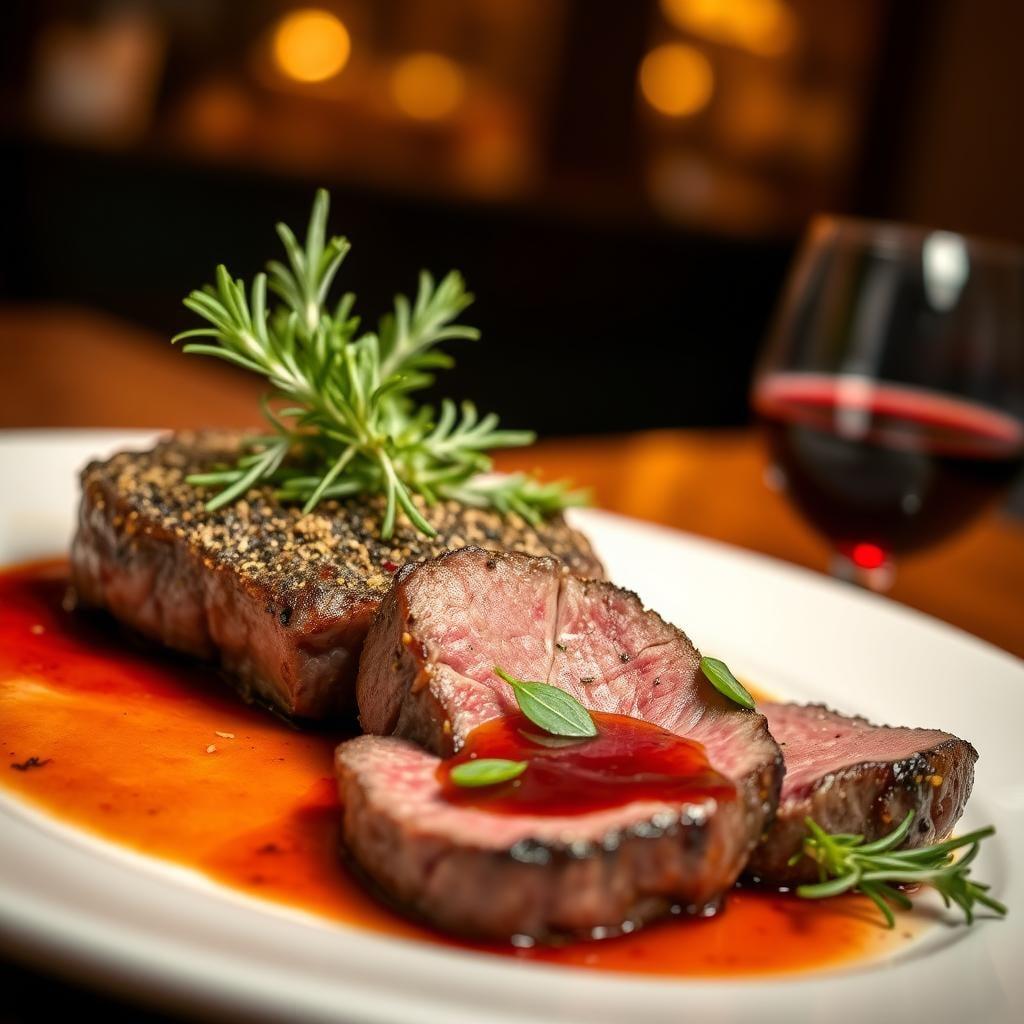 Herb-Crusted Sirloin Steak with Red Wine Reduction Herb-Crusted Sirloin Steak with Red Wine Reduction