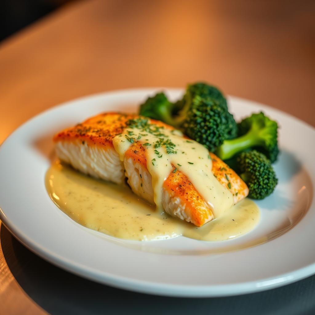 Baked Salmon with Lemon Dill Sauce and Steamed Broccoli Baked Salmon with Lemon Dill Sauce and Steamed Broccoli
