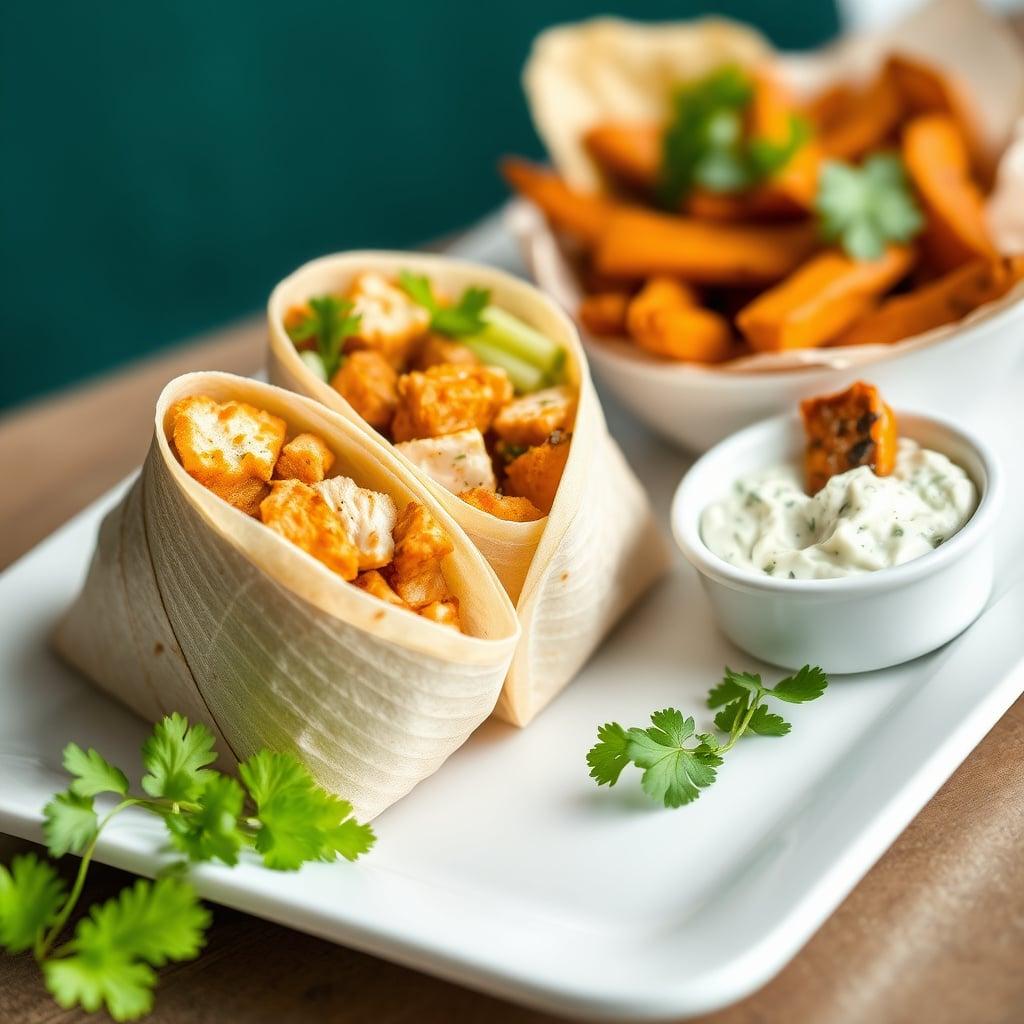 Tandoori Chicken Wraps with Cucumber Raita and Spiced Sweet Potato Wedges Tandoori Chicken Wraps with Cucumber Raita and Spiced Sweet Potato Wedges