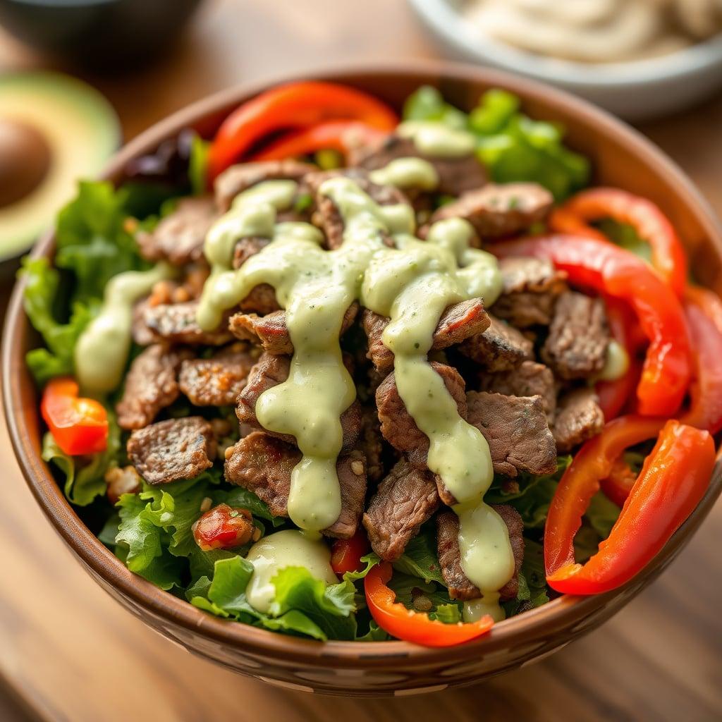 Leftover Flank Steak Fajita Salad with Creamy Avocado-Jalapeño Dressing Leftover Flank Steak Fajita Salad with Creamy Avocado-Jalapeño Dressing