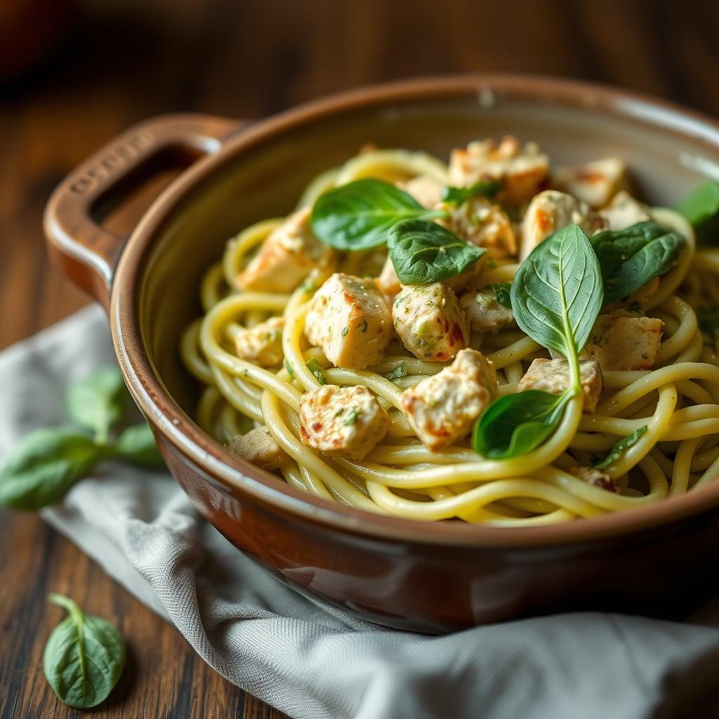 One-Pot Creamy Pesto Pasta with Leftover Grilled Chicken and Baby Spinach One-Pot Creamy Pesto Pasta with Leftover Grilled Chicken and Baby Spinach