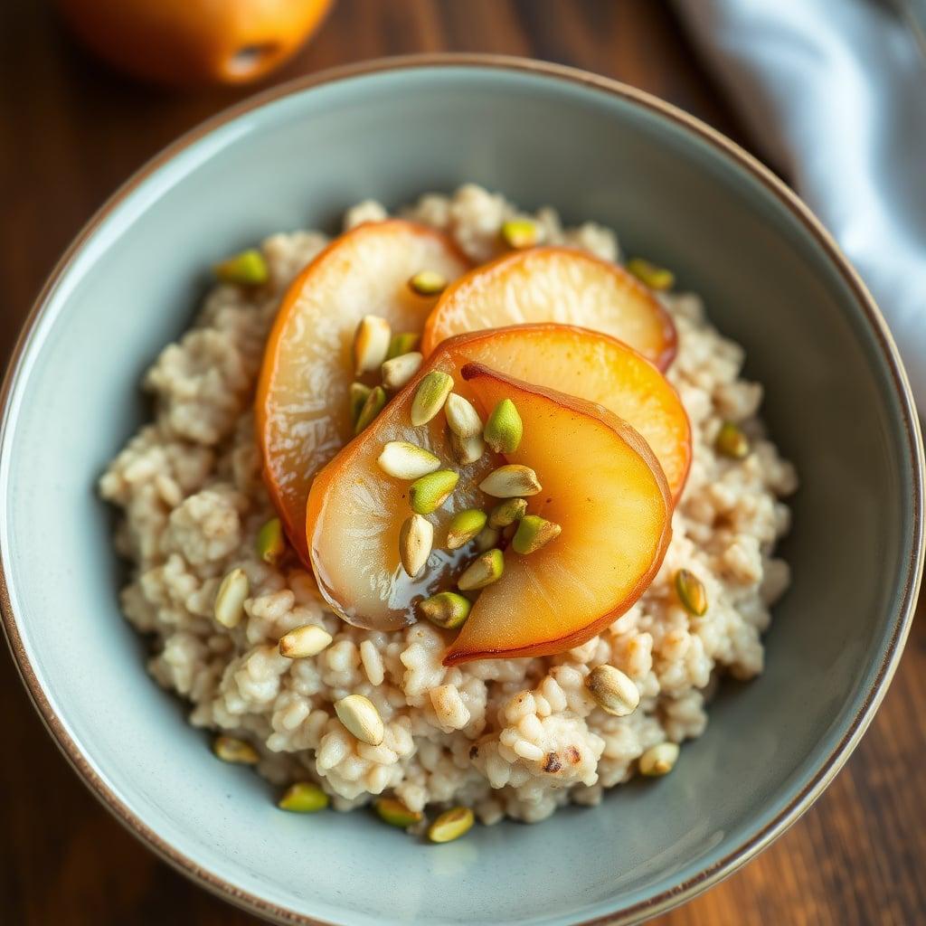 Cardamom-Infused Steel-Cut Oats with Caramelized Anjou Pears and Toasted Pistachios