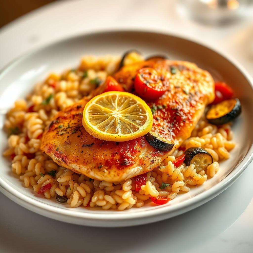 Mediterranean Lemon Chicken with Tomato Orzo and Roasted Zucchini Mediterranean Lemon Chicken with Tomato Orzo and Roasted Zucchini