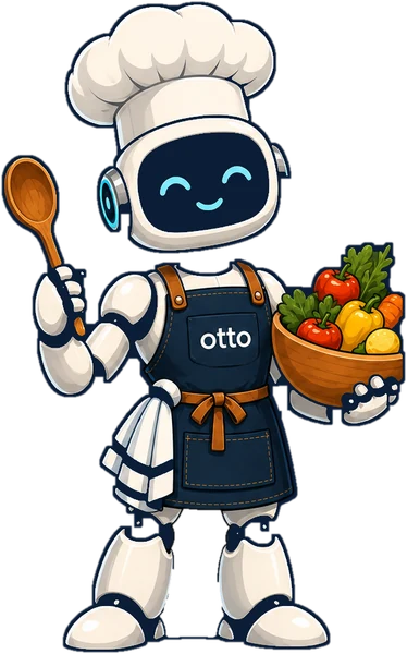 Otto, the AI sous chef, holding a spoon and a basket of vegetables
